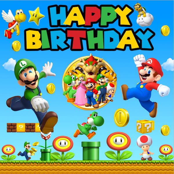 Cartel Deco Feliz Cumple Super Mario Luigi Bros 45cm
